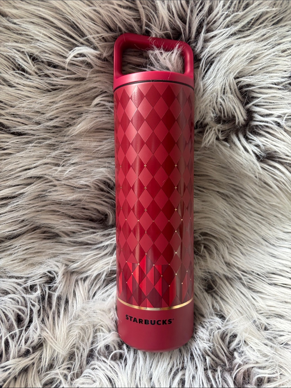 Starbucks Red Diamond-Pattern Insulated Bottle with Gold Accent